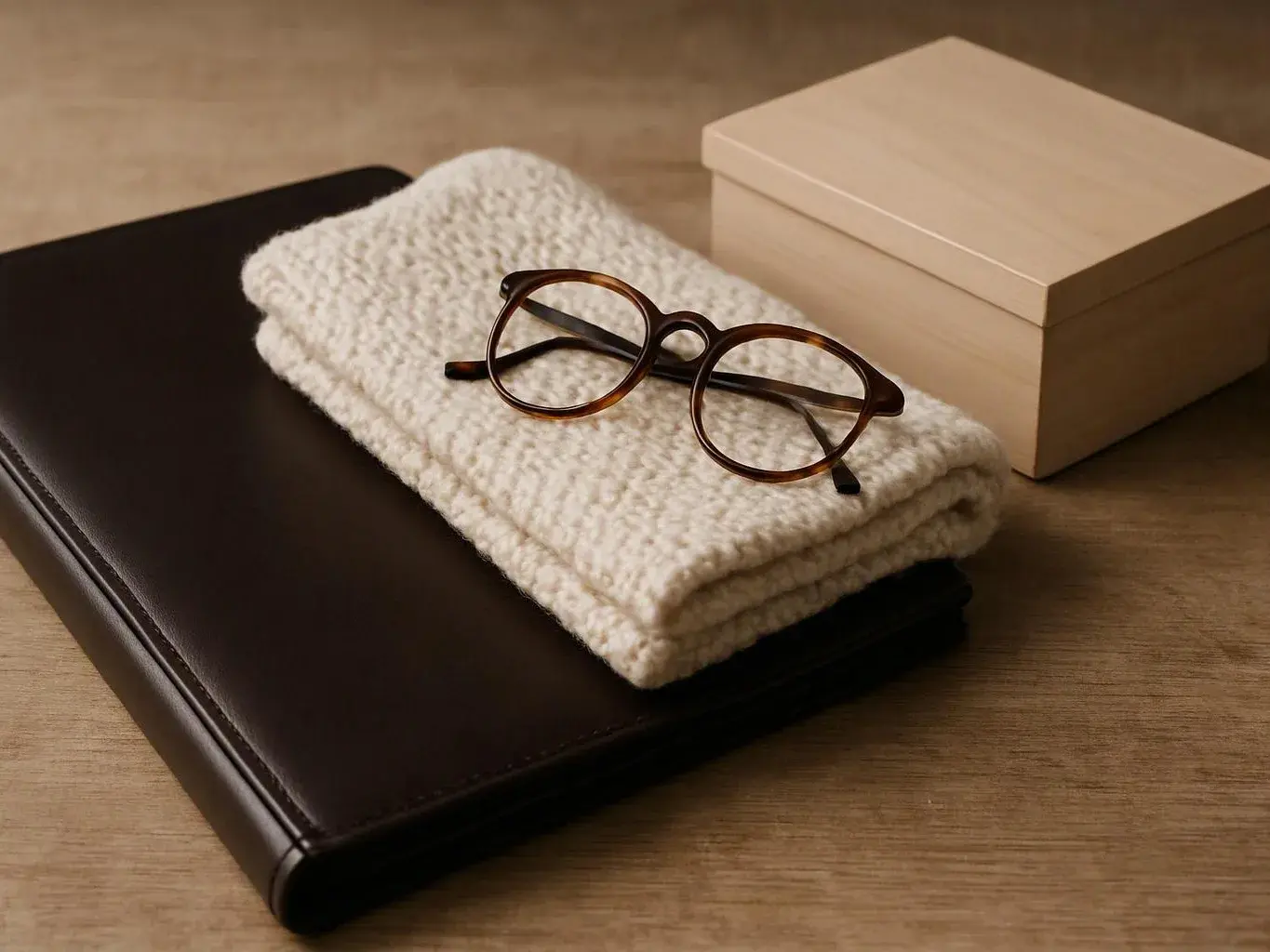 Folded beige knit cloth with eyeglasses rests on a dark notebook beside a small wooden box on a table
