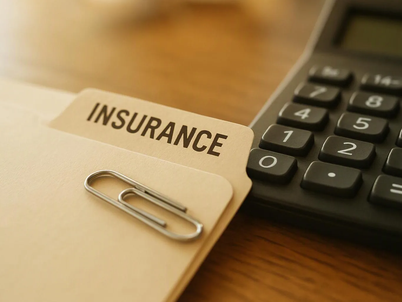 A folder labeled “INSURANCE” sits beside a calculator with a paperclip on top