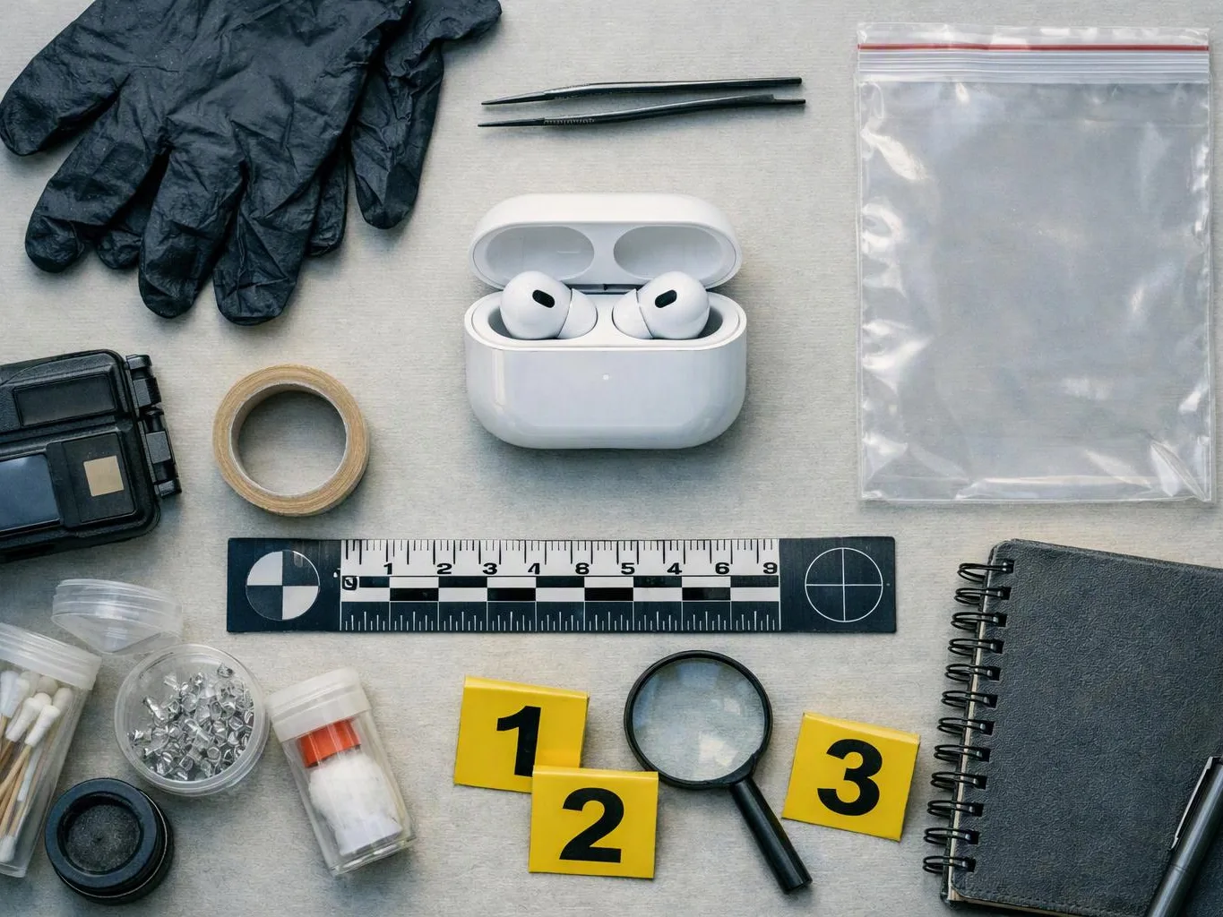 Forensic evidence kit items sit neatly arranged on a gray surface with gloves, tweezers, earbuds, a ruler
