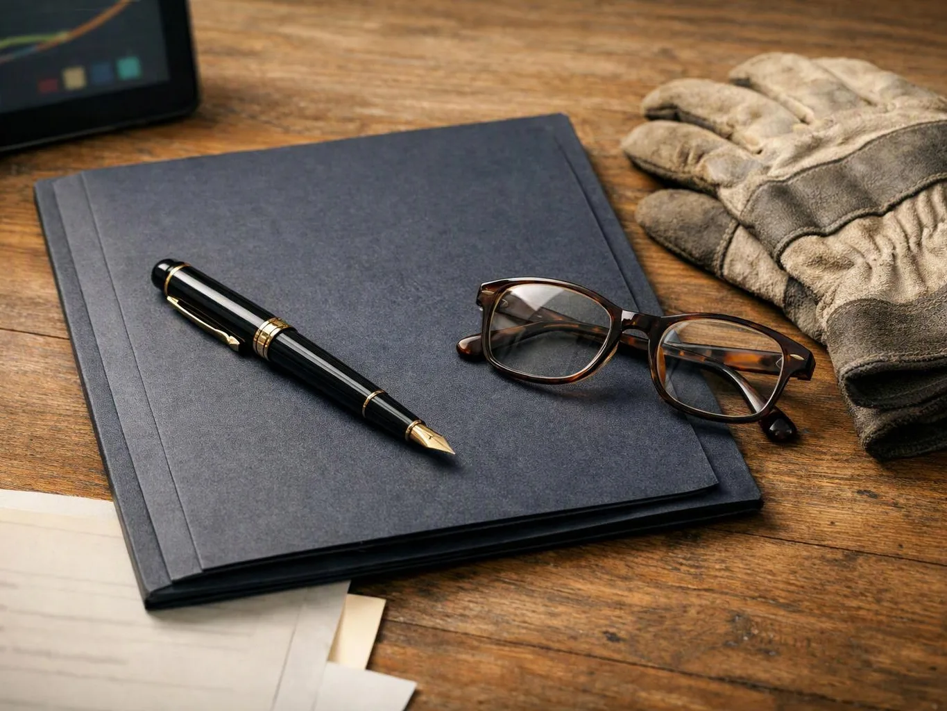 A fountain pen, eyeglasses, and work gloves rest on a dark notebook on a wooden desk