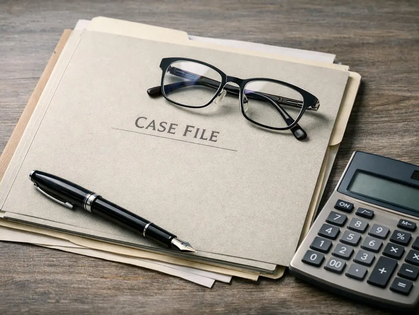 Glasses, a pen, and a calculator rest on a case file folder on a wooden desk