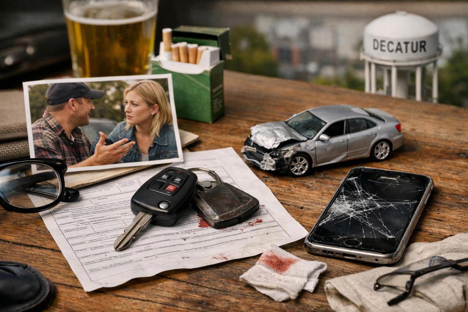 A damaged car model, cracked phone, keys, forms, and a photo of two people sit on a wooden table