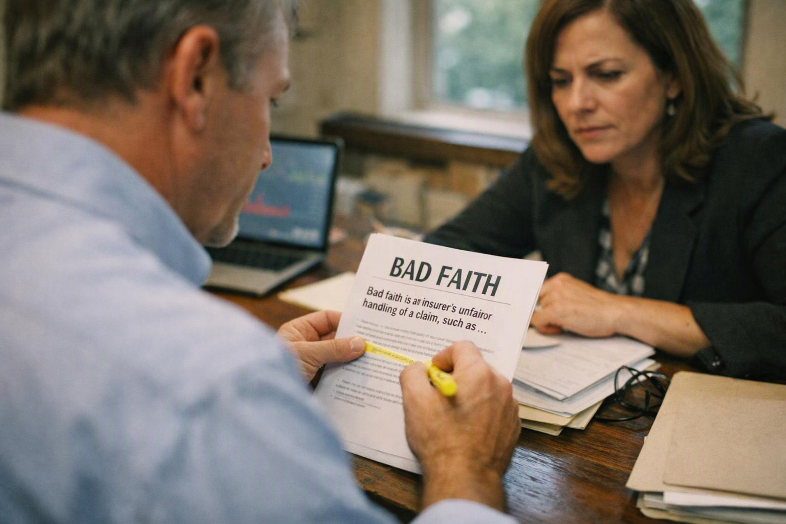 A man highlights a document titled “BAD FAITH” while a woman studies papers across a desk in an office