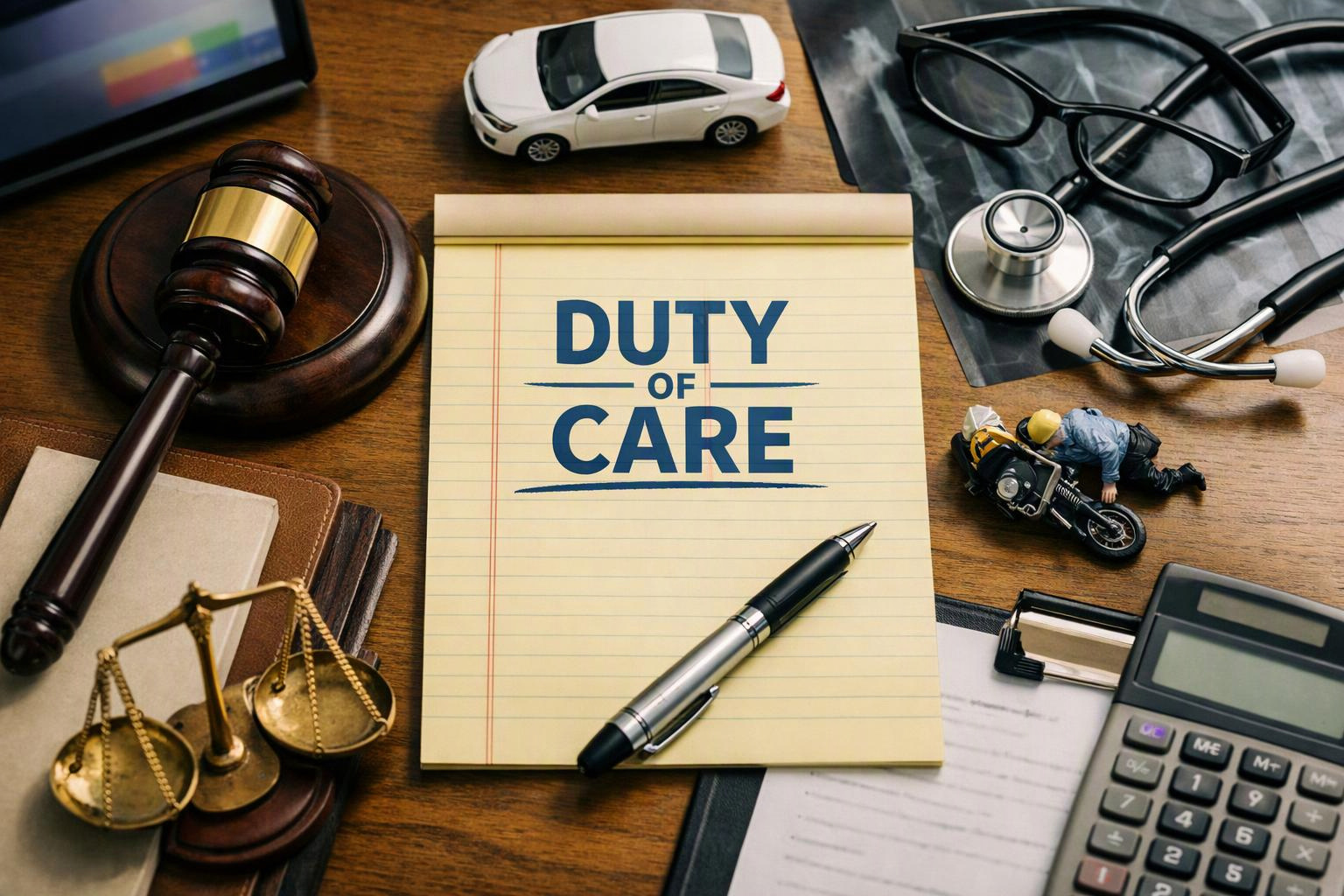 A legal desk scene shows a notebook reading “DUTY OF CARE” surrounded by a gavel, car, stethoscope, scales, pen, calculator