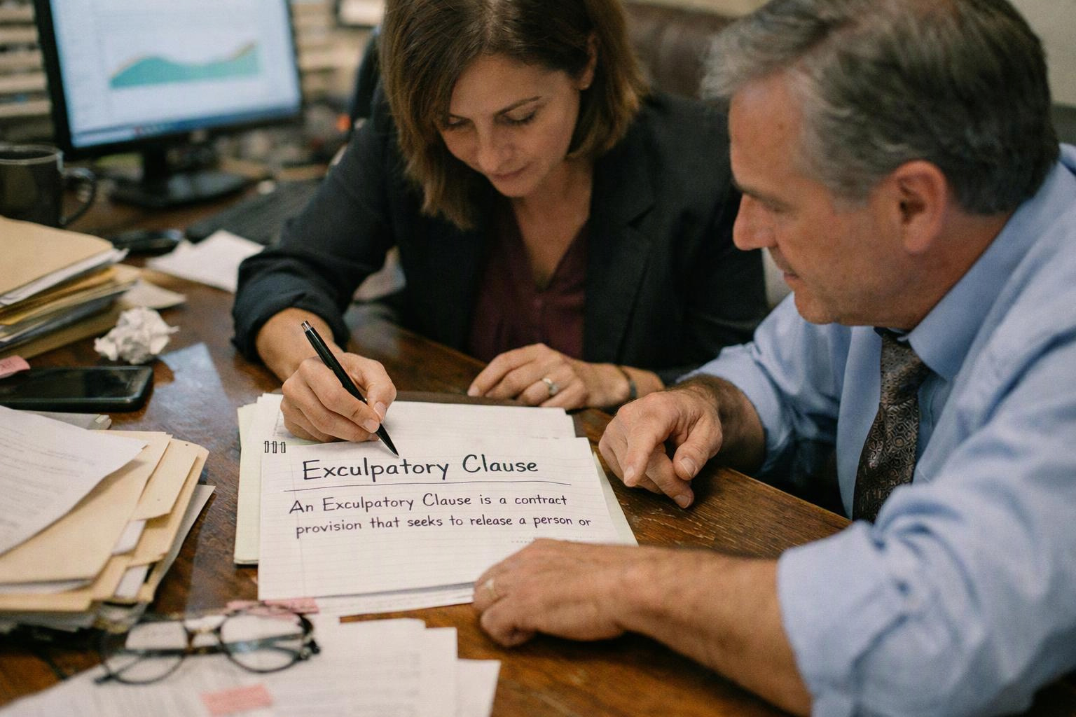 Two people review a notebook page titled “Exculpatory Clause” at a cluttered wooden desk