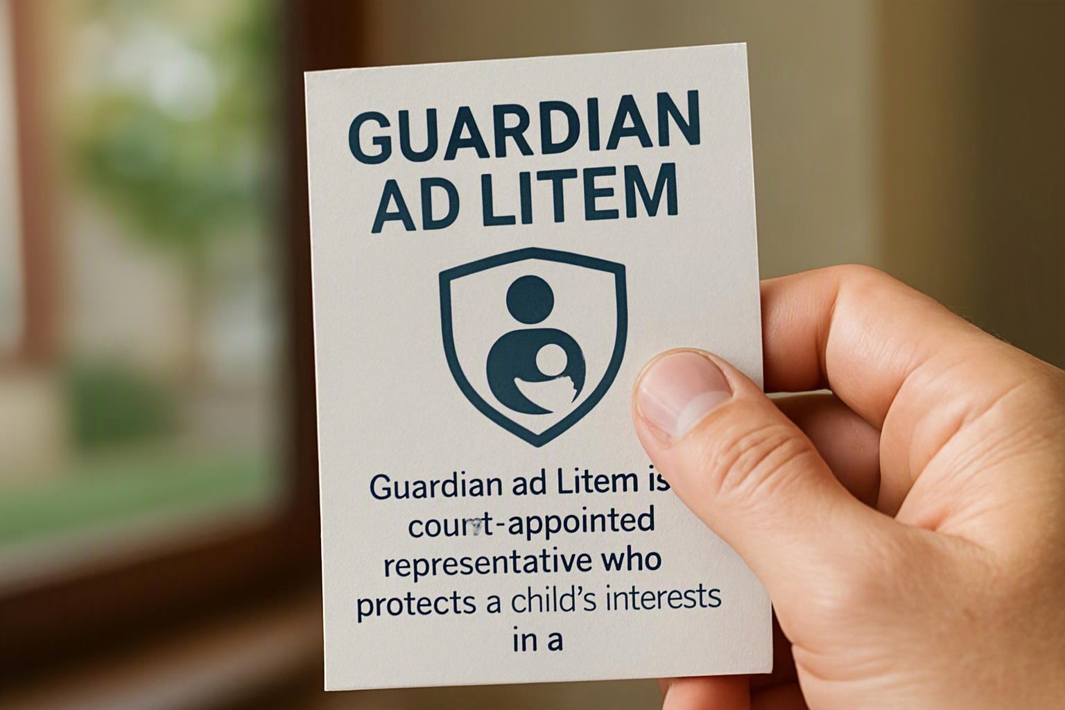 A hand holds a card reading “GUARDIAN AD LITEM” with a shield icon and text about a child’s interests