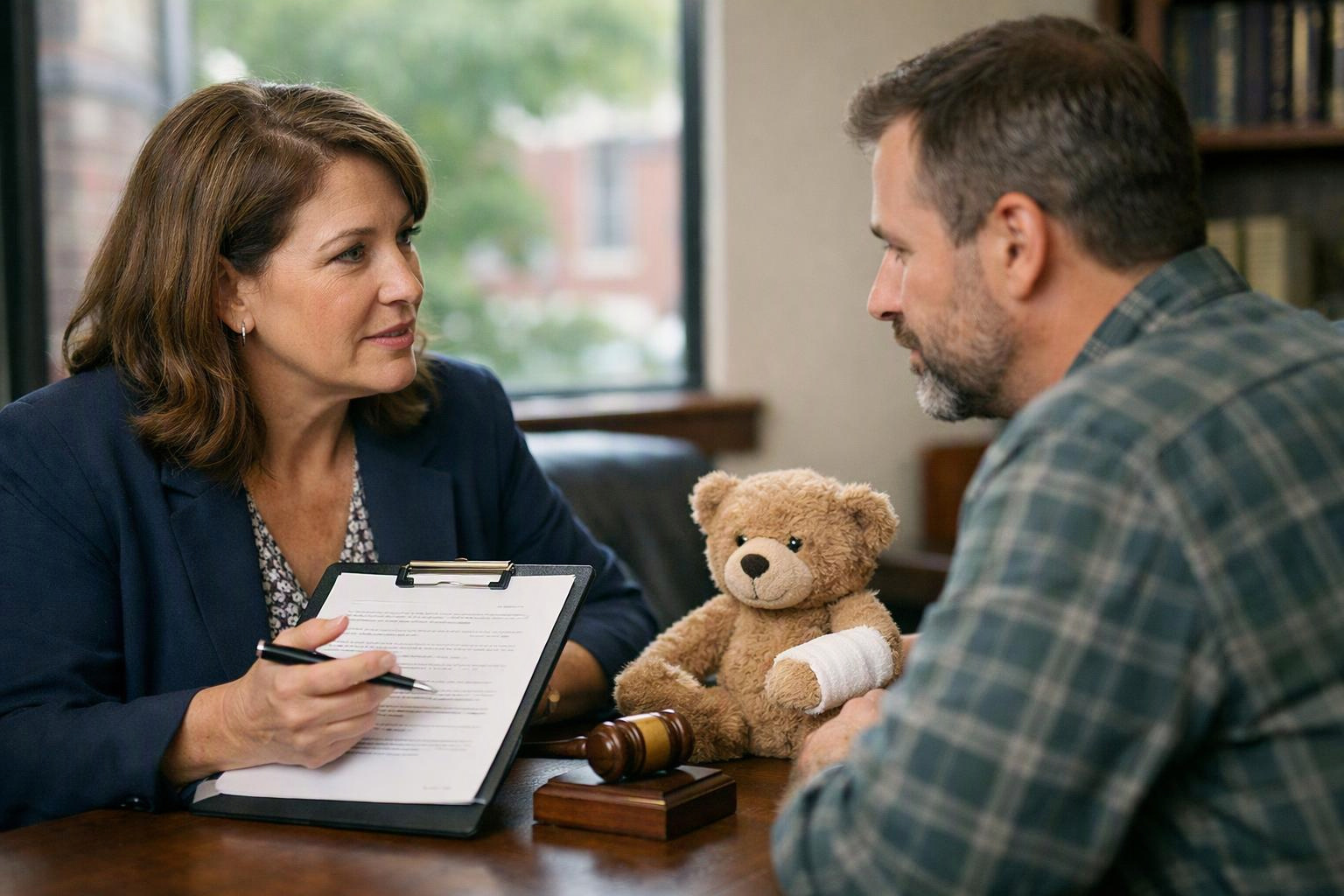 A woman writes on a clipboard while speaking with a man across a table beside a teddy bear and gavel in an office