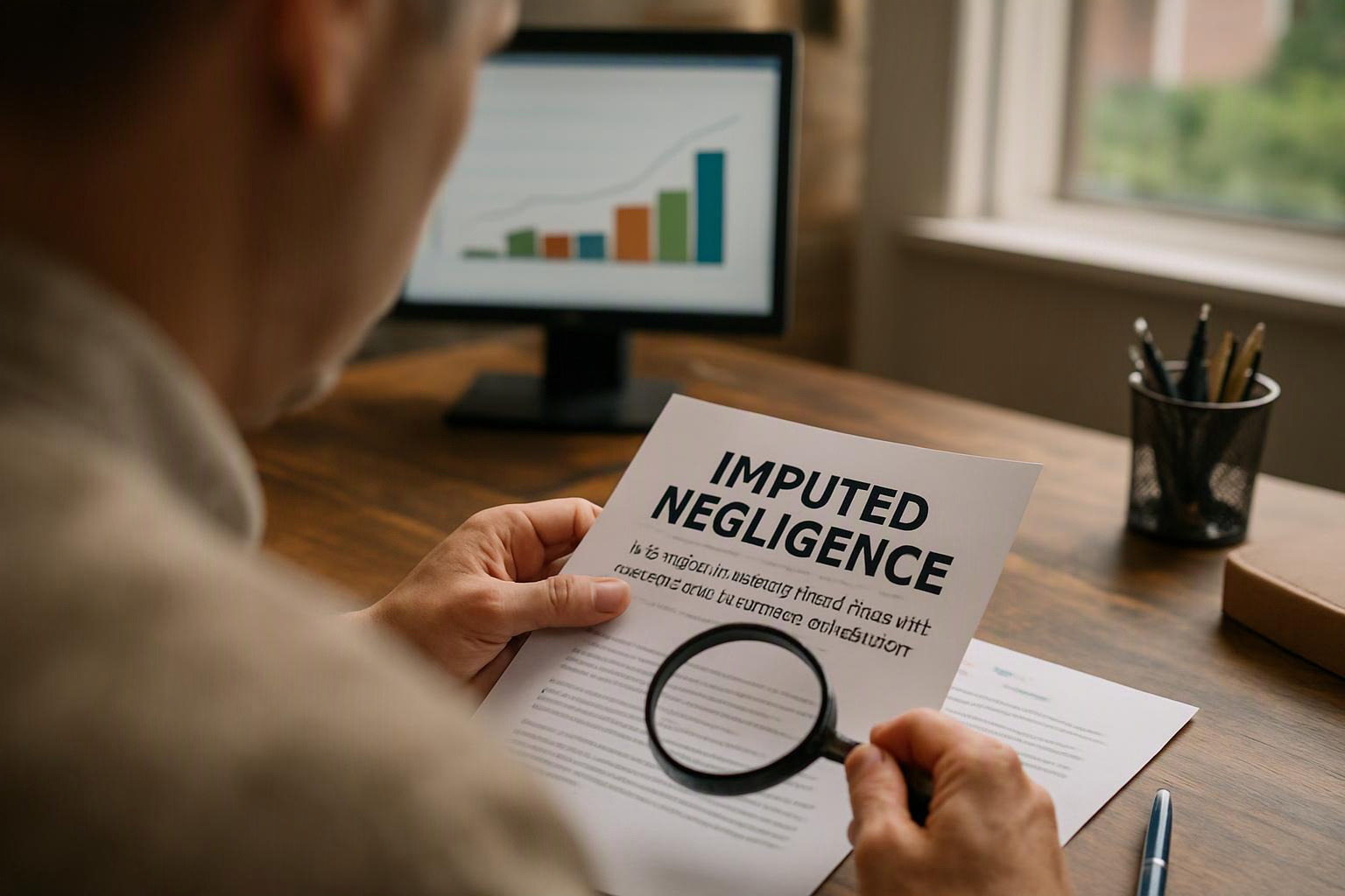 A person examines a document labeled “IMPUTED NEGLIGENCE” with a magnifying glass at a desk