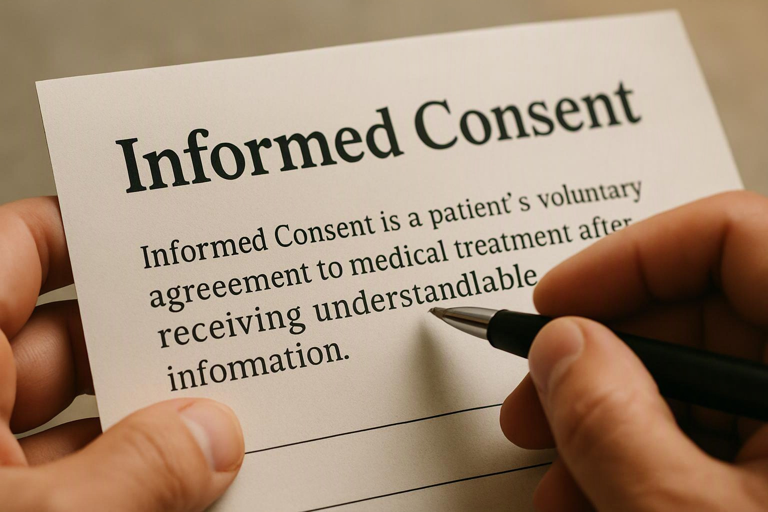 Hands hold a paper titled Informed Consent while a pen points at the printed medical text