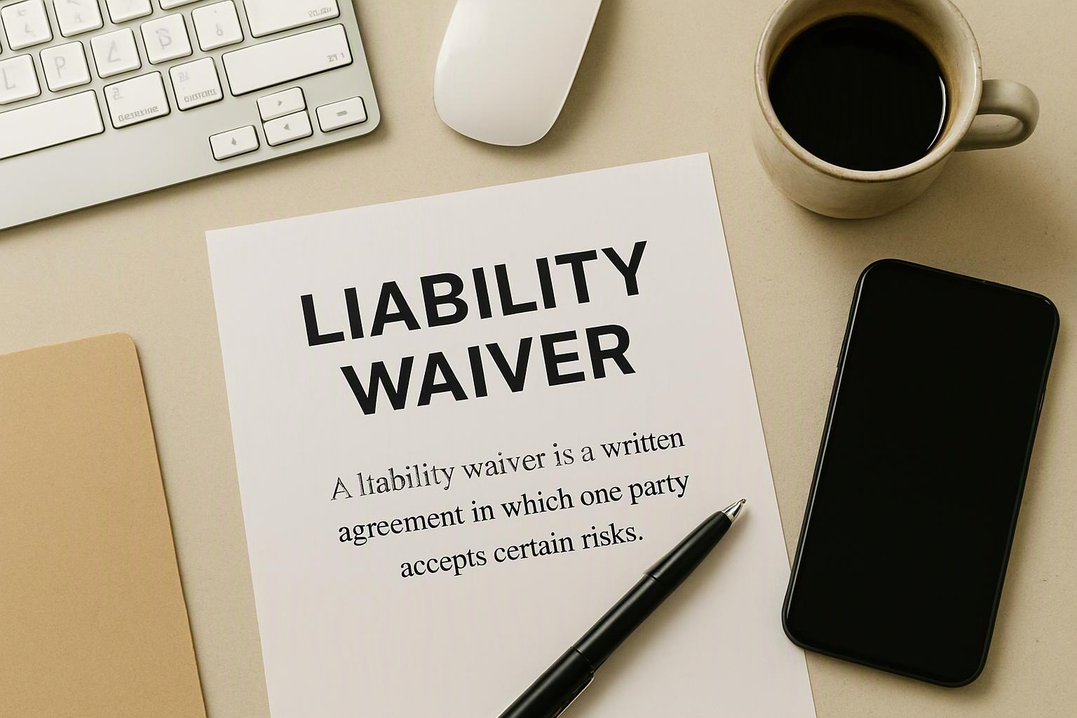 A liability waiver paper lies on a desk beside a pen, phone, coffee cup, keyboard, and mouse