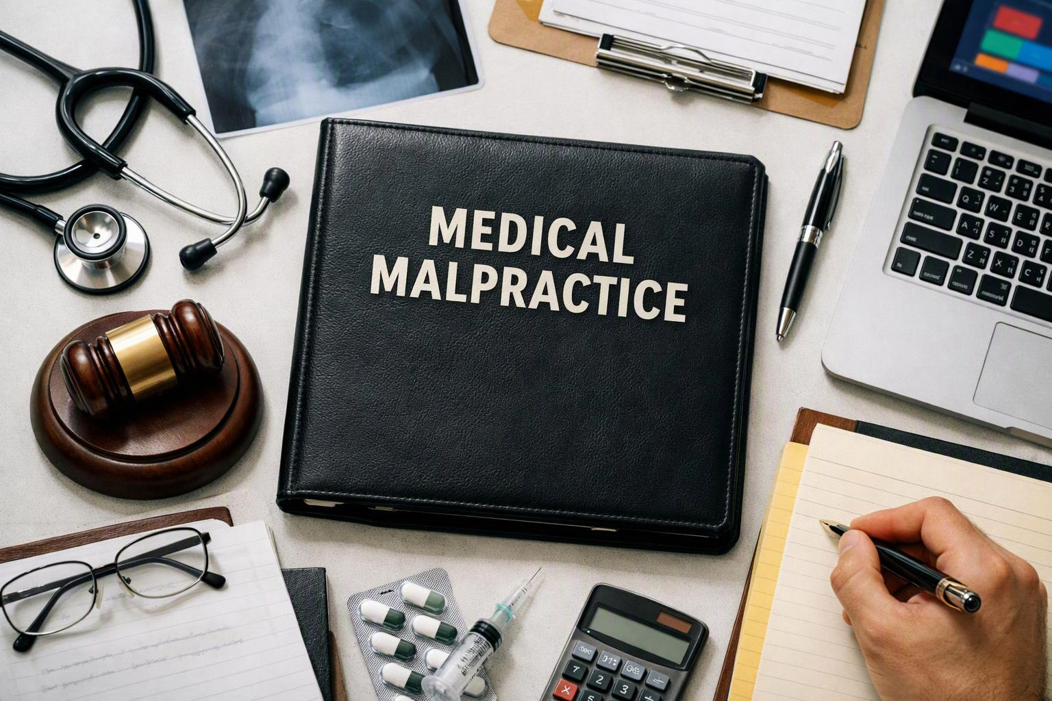 A medical malpractice folder sits among a stethoscope, gavel, laptop, pills, calculator, and a hand writing notes