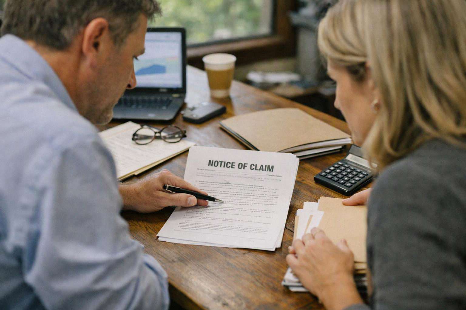 Two people review a notice of claim at a wooden desk with a laptop, calculator, folders, and coffee cup