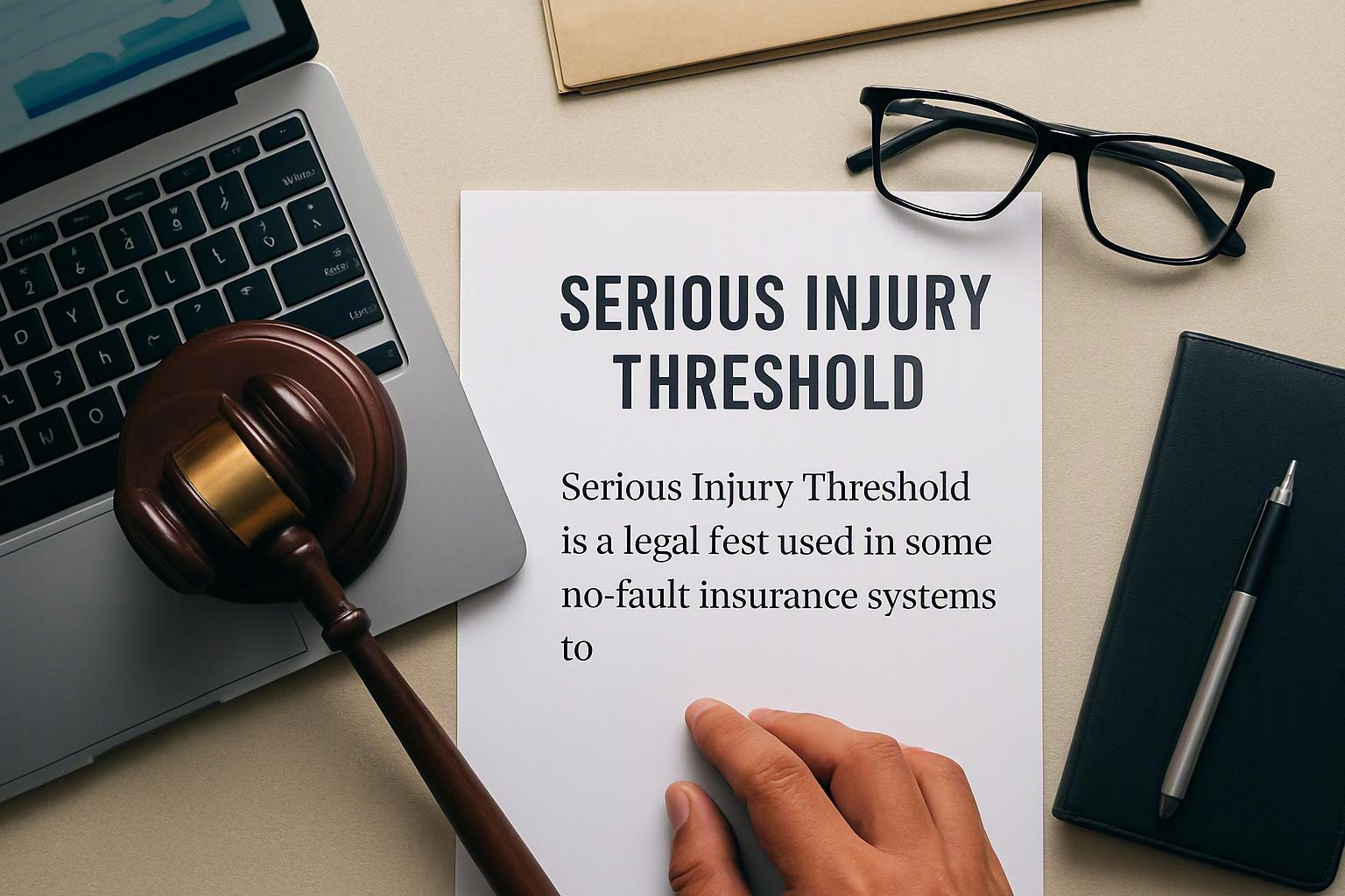 A hand points at a legal document beside a gavel, laptop, glasses, notebook, and pen on a desk