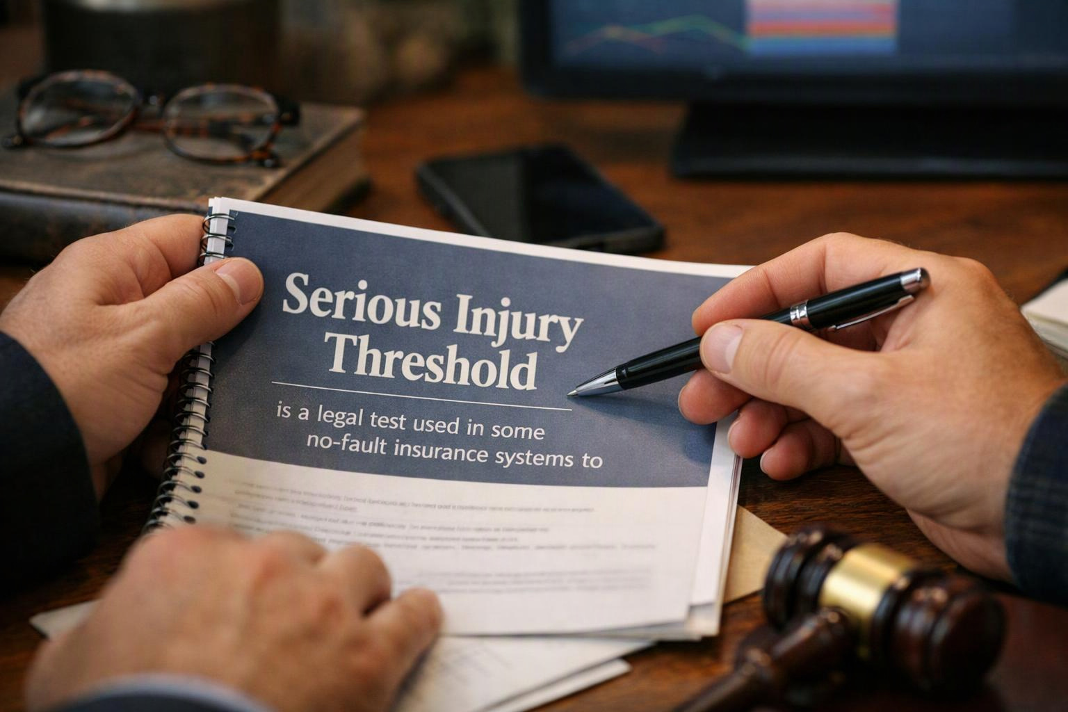 Hands hold a legal booklet titled “Serious Injury Threshold” with a pen over a desk beside a gavel and glasses