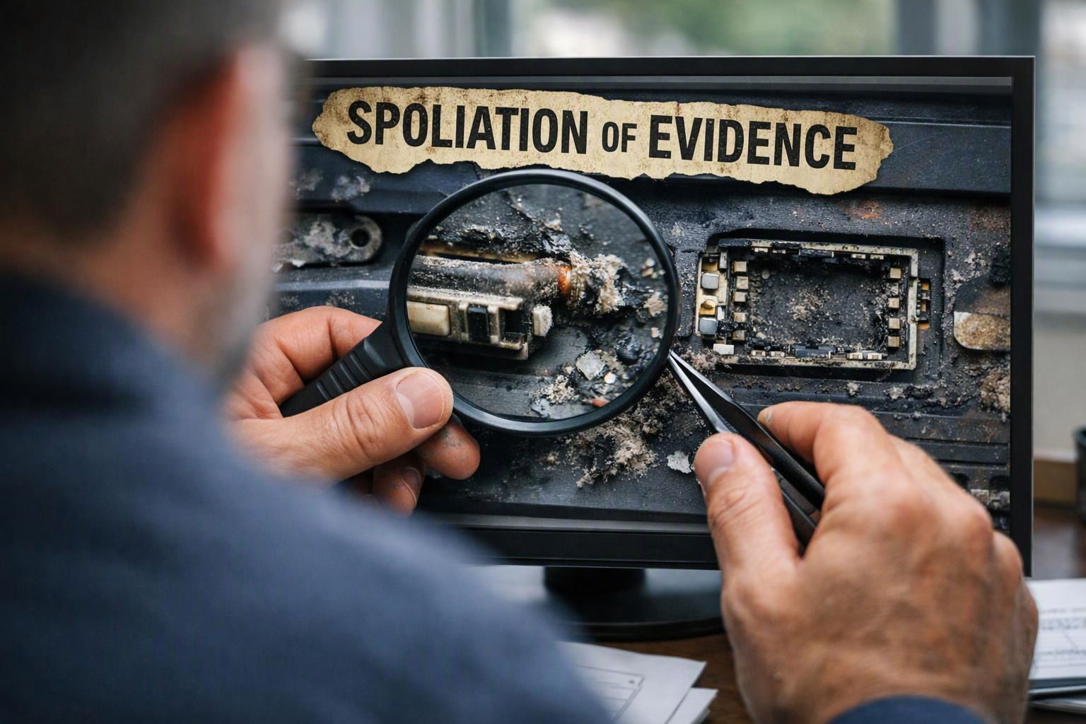 A person examines a burnt circuit board on a monitor with a magnifying glass and tweezers, showing “SPOLIATION OF EVIDENCE”