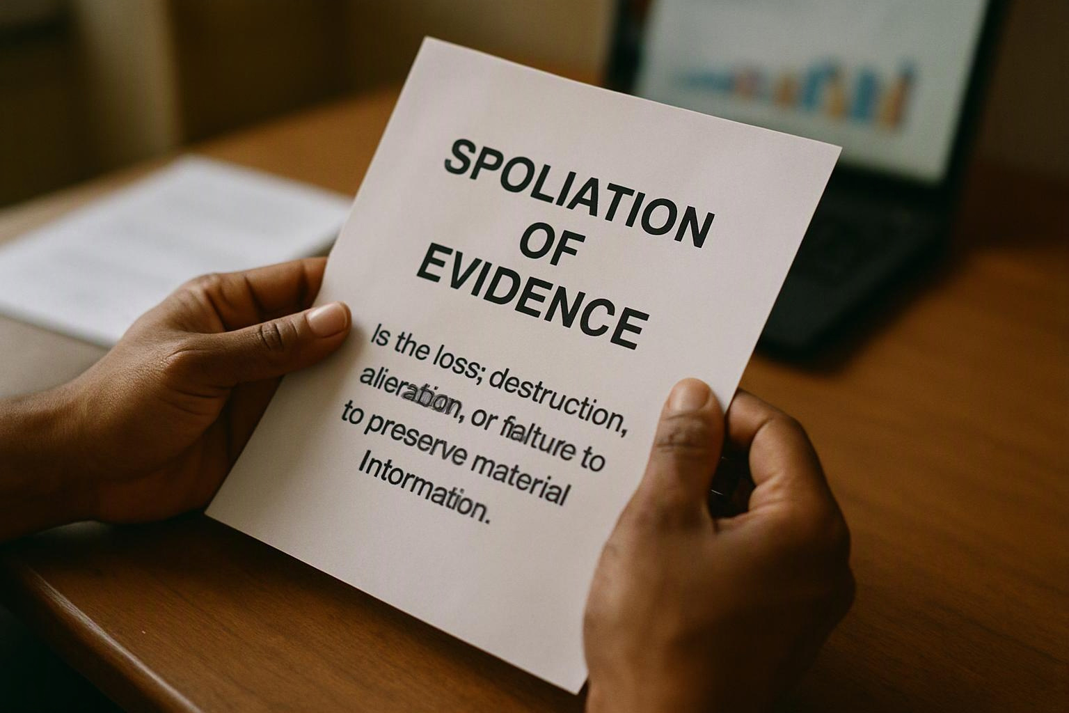 Hands hold a paper card on a desk that reads “SPOLIATION OF EVIDENCE”