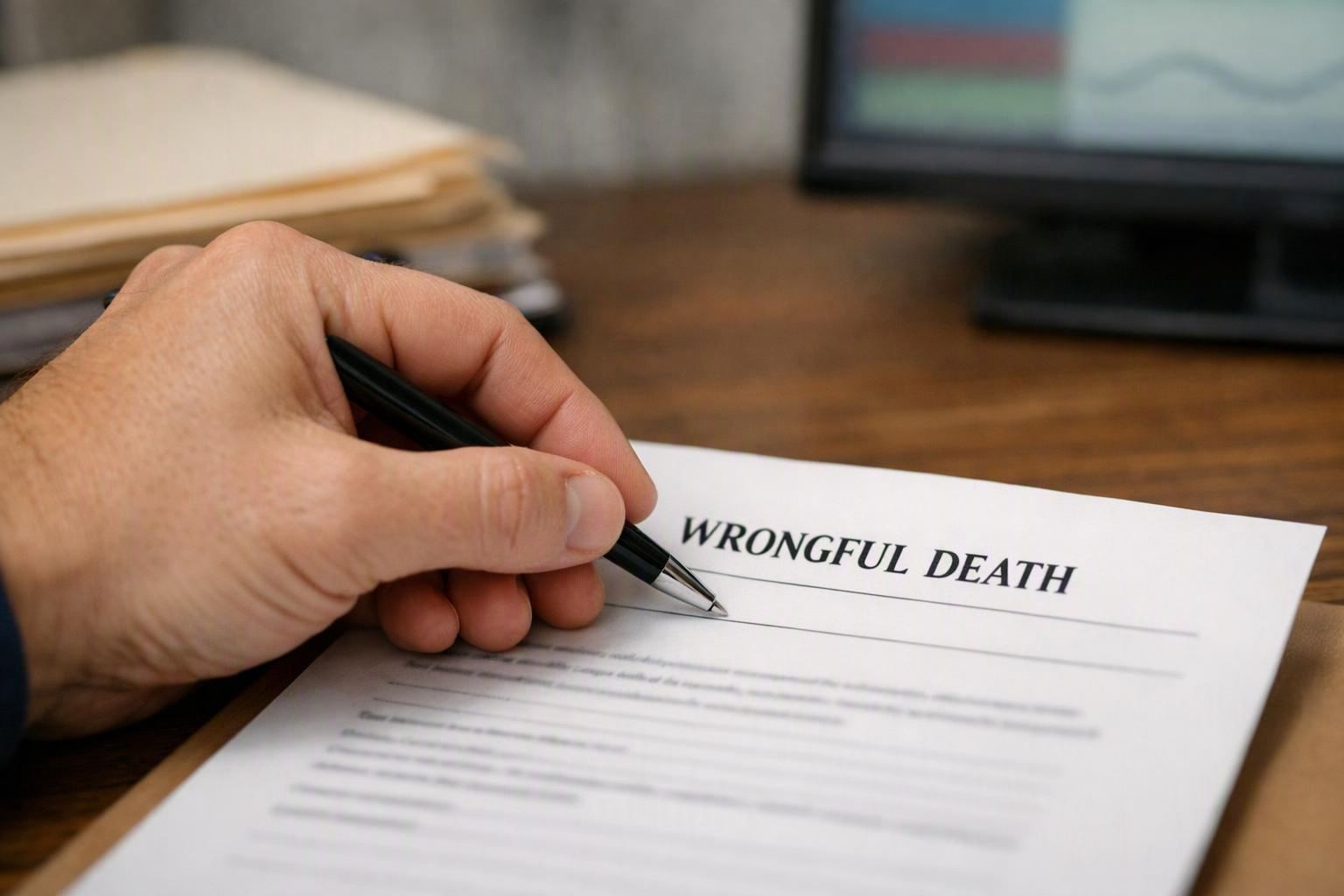 A hand holds a pen over a paper labeled "WRONGFUL DEATH" on a desk
