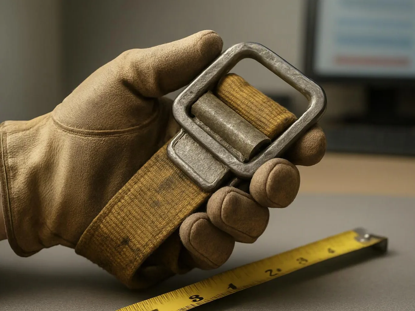 A gloved hand holds a metal buckle attached to a yellow strap above a tape measure on a table