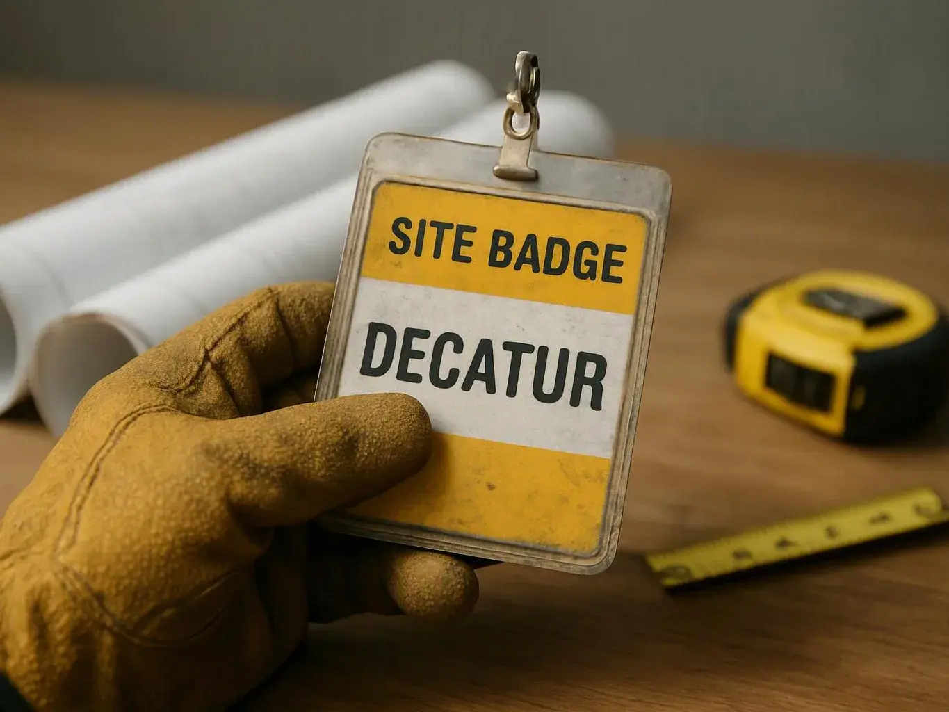 A gloved hand holds a site badge over a wooden desk with a tape measure and rolled plans behind it