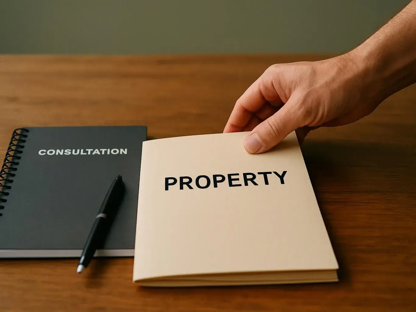 A hand flips open a booklet labeled PROPERTY beside a notebook marked CONSULTATION and a pen on a wooden table