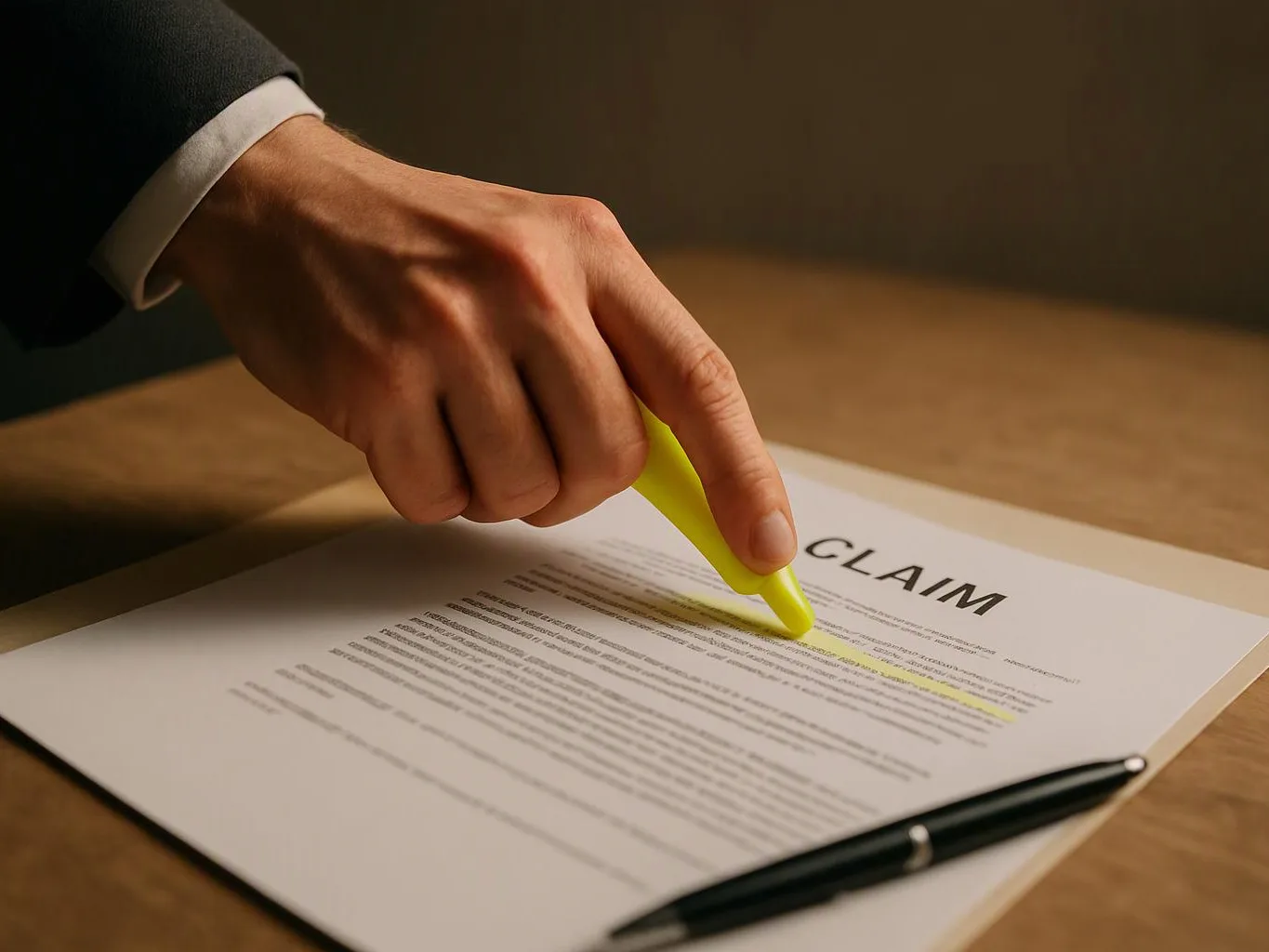 A hand highlights lines on a claim document with a yellow marker beside a pen on a desk