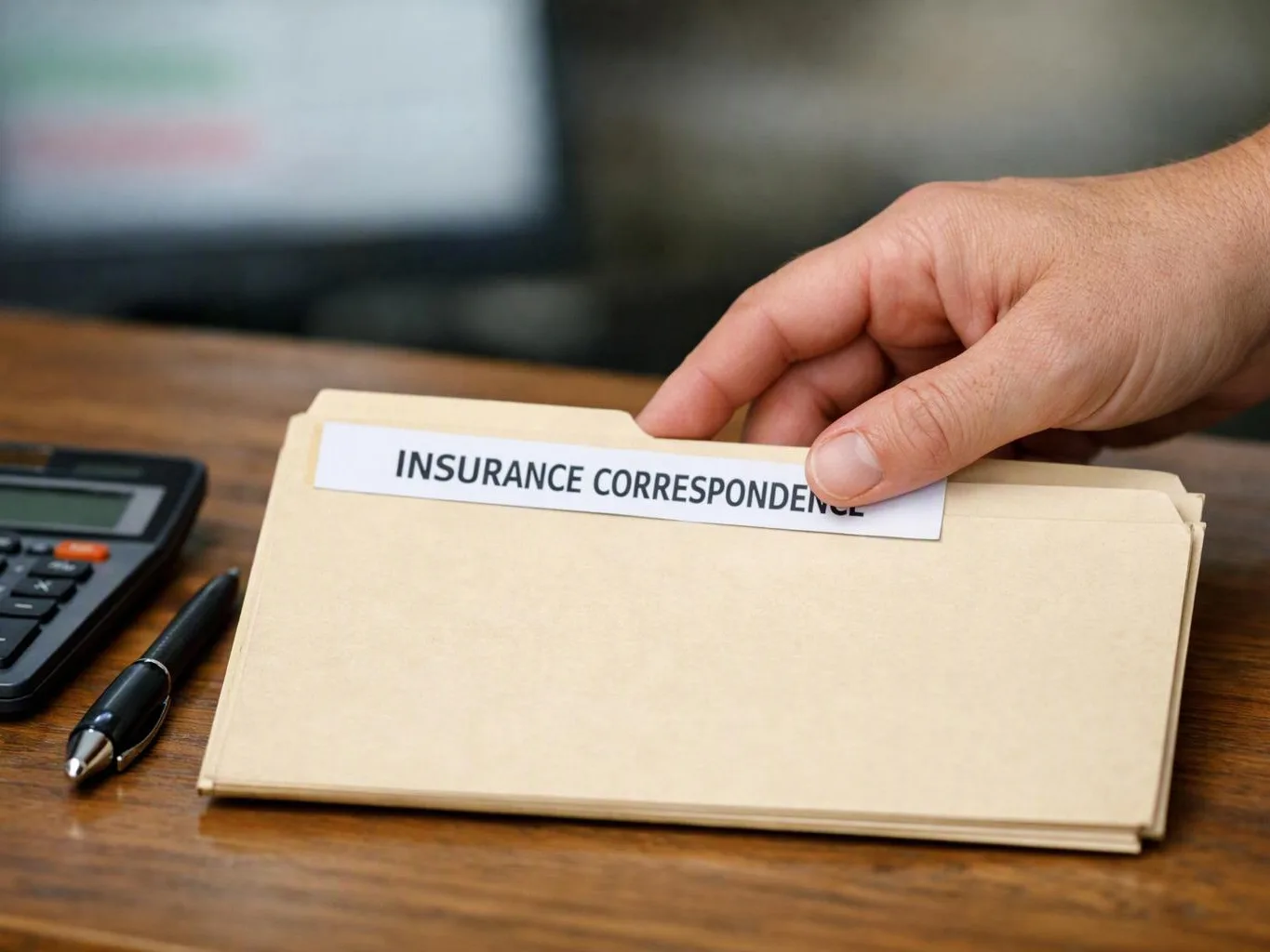 A hand holds a beige folder labeled “INSURANCE CORRESPONDENCE” beside a calculator and pen on a wooden desk