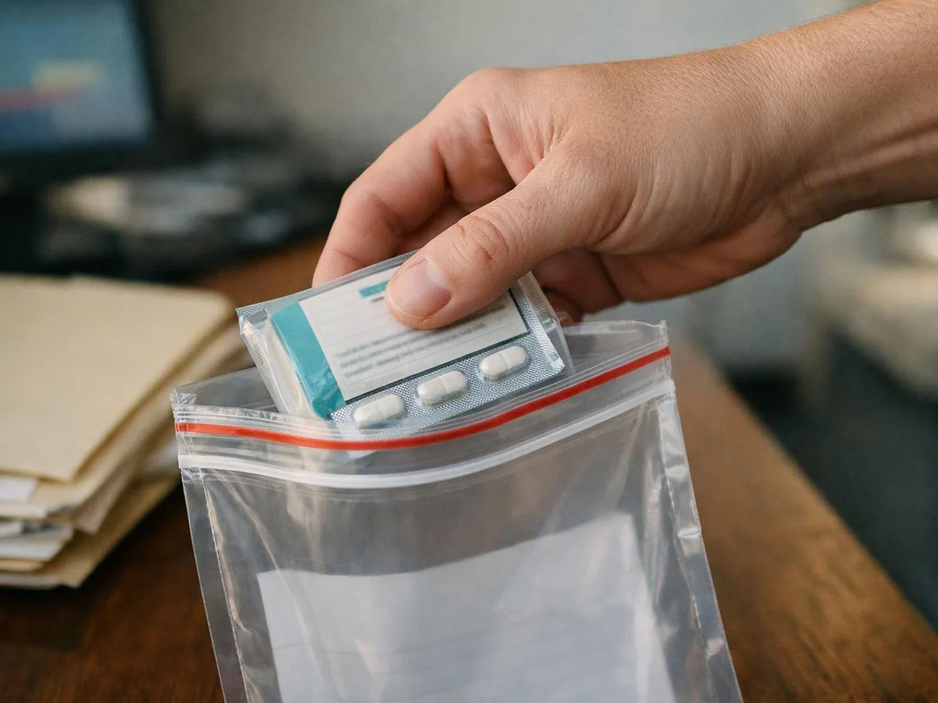 A hand holds a blister pack of white pills above a clear zip bag on a desk
