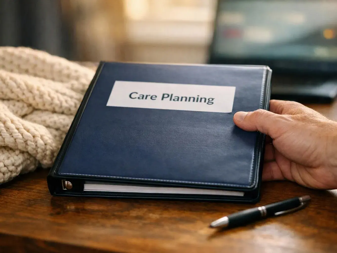 A hand holds a blue binder labeled “Care Planning” on a wooden table with a pen nearby