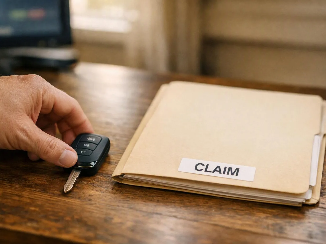 A hand holds a car key beside a manila folder labeled CLAIM on a wooden desk