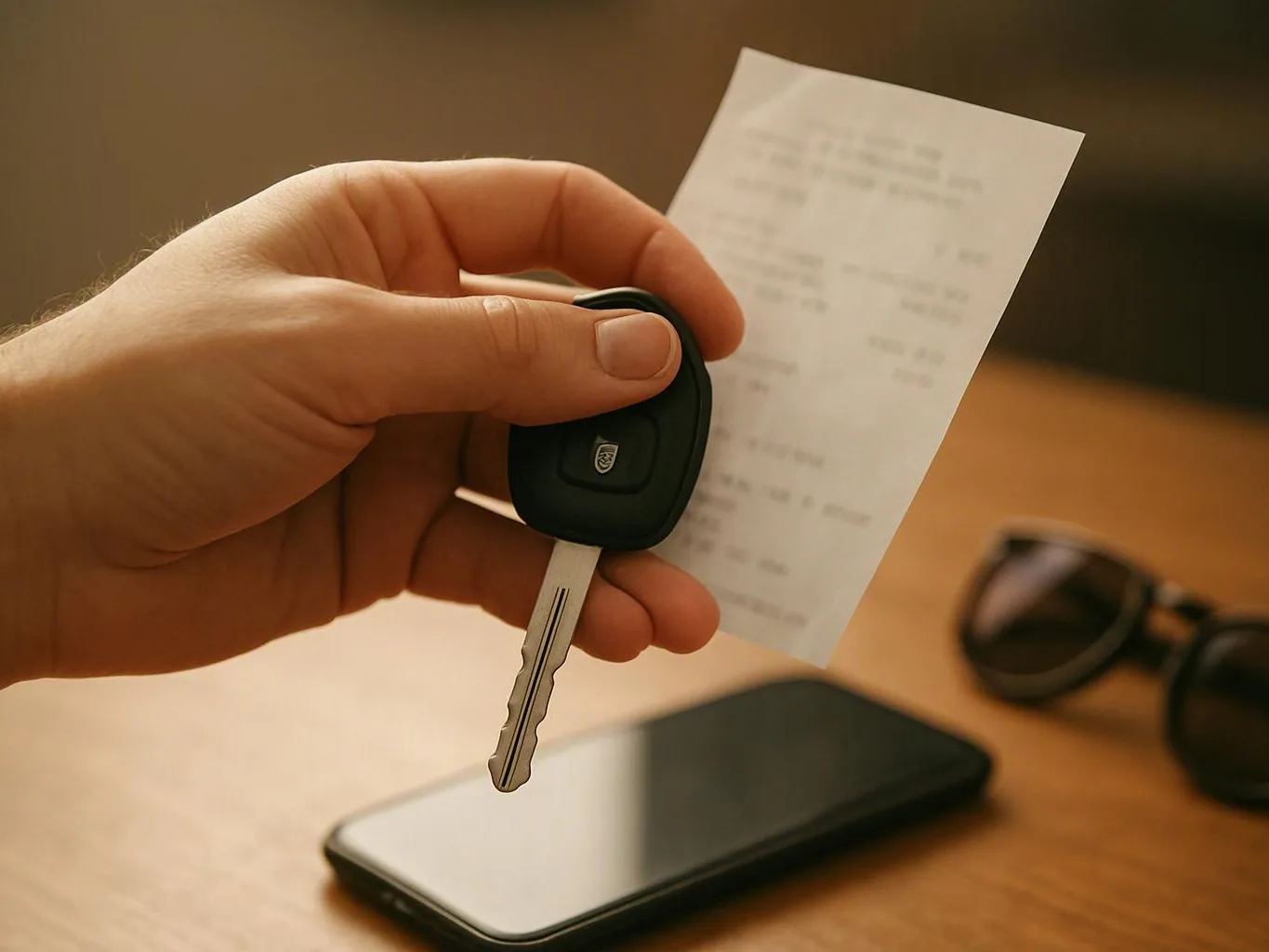 A hand holds a car key and a small paper slip above a table with a phone and sunglasses