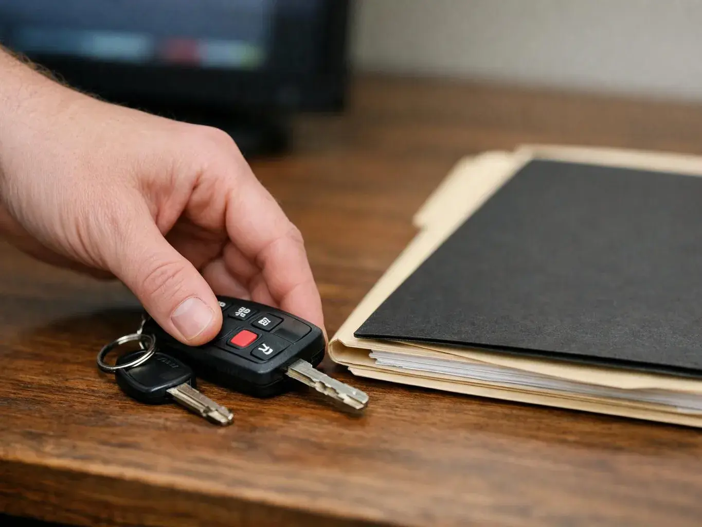 A hand holds car keys beside a folder on a wooden desk