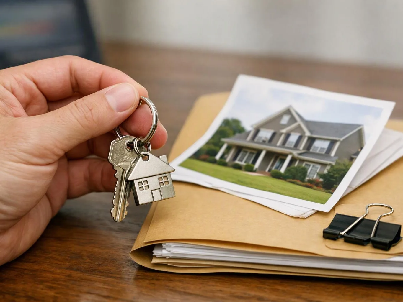 A hand holds house keys beside a printed home photo and a folder on a wooden table