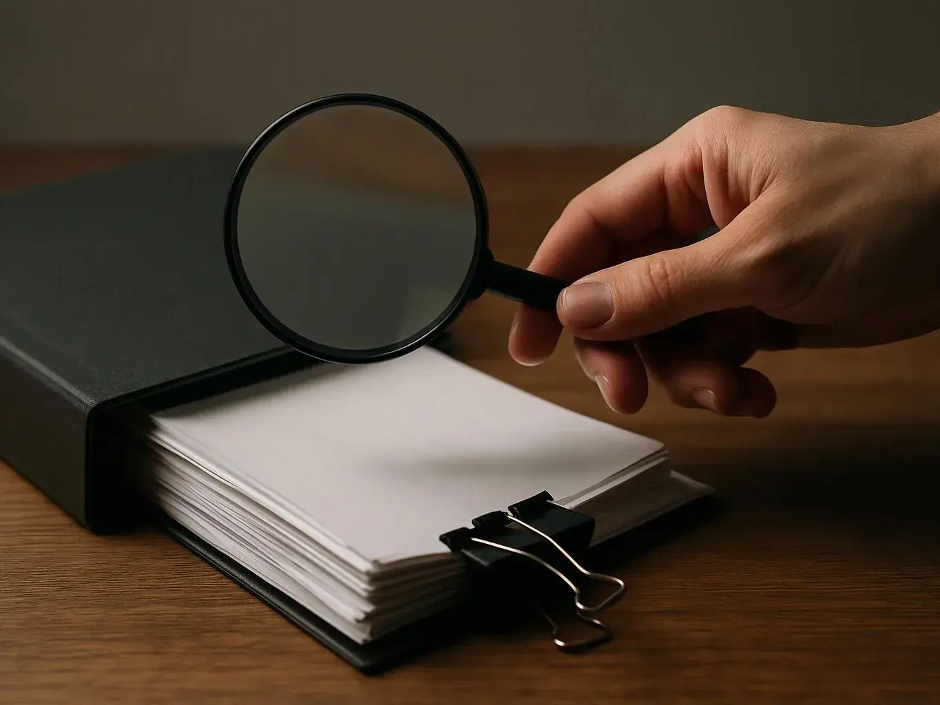 A hand holds a magnifying glass over a stack of white papers clipped in a black binder on a wooden table