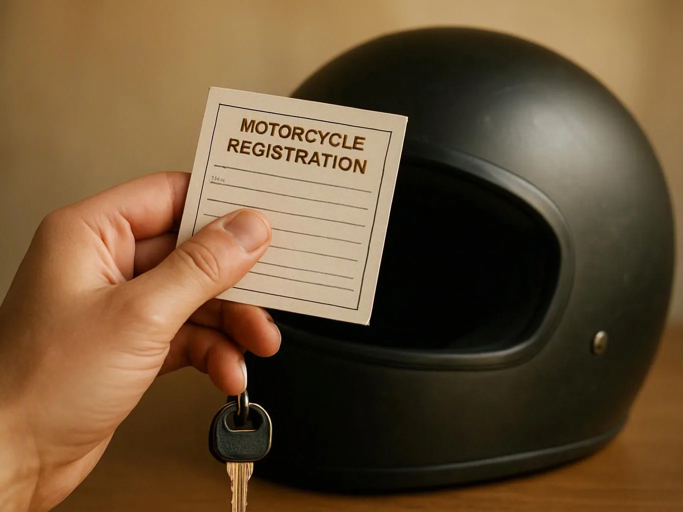A hand holds a motorcycle registration card and a key in front of a black helmet