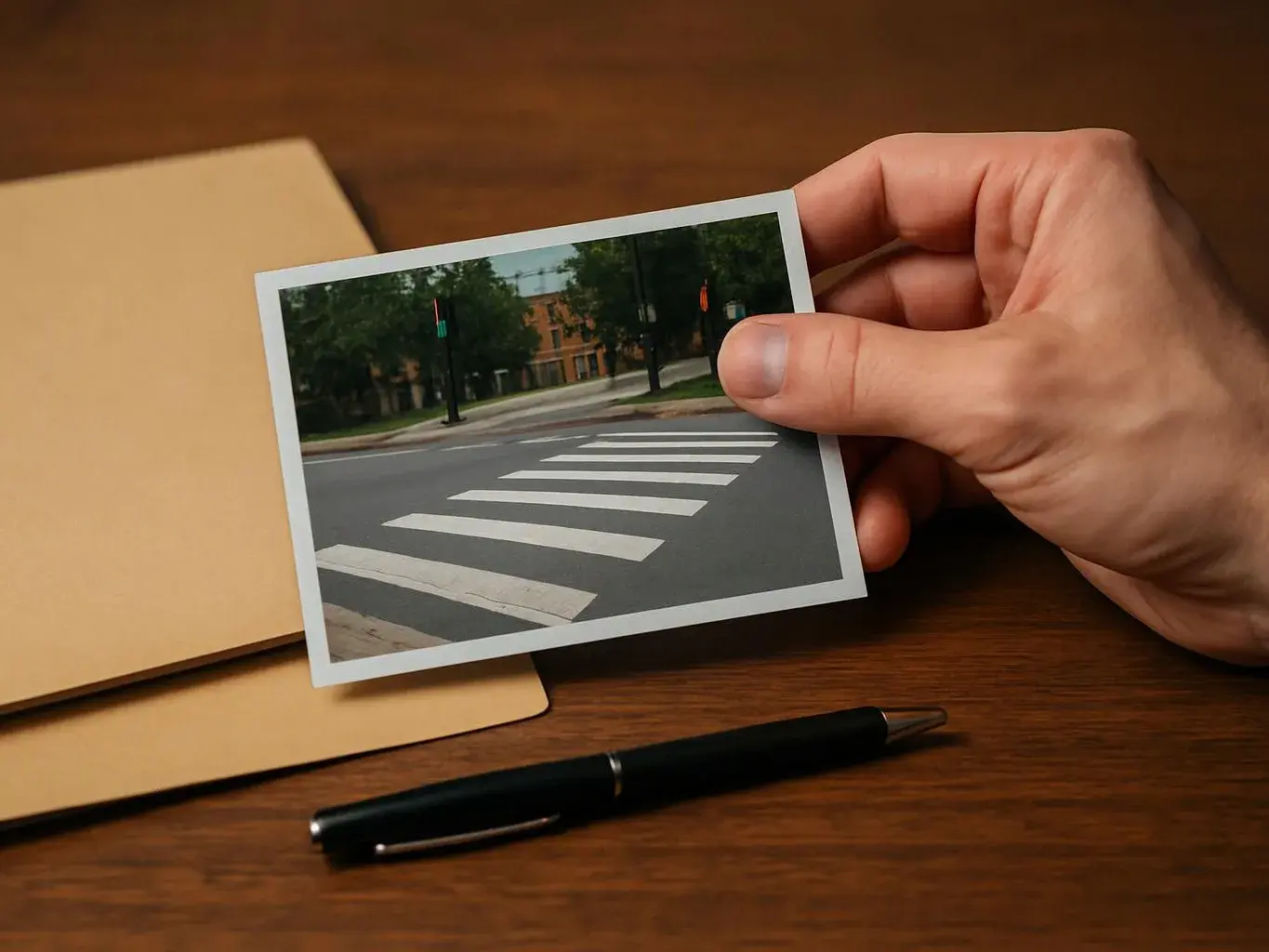 A hand holds a photo of a crosswalk above an envelope and pen on a wooden table