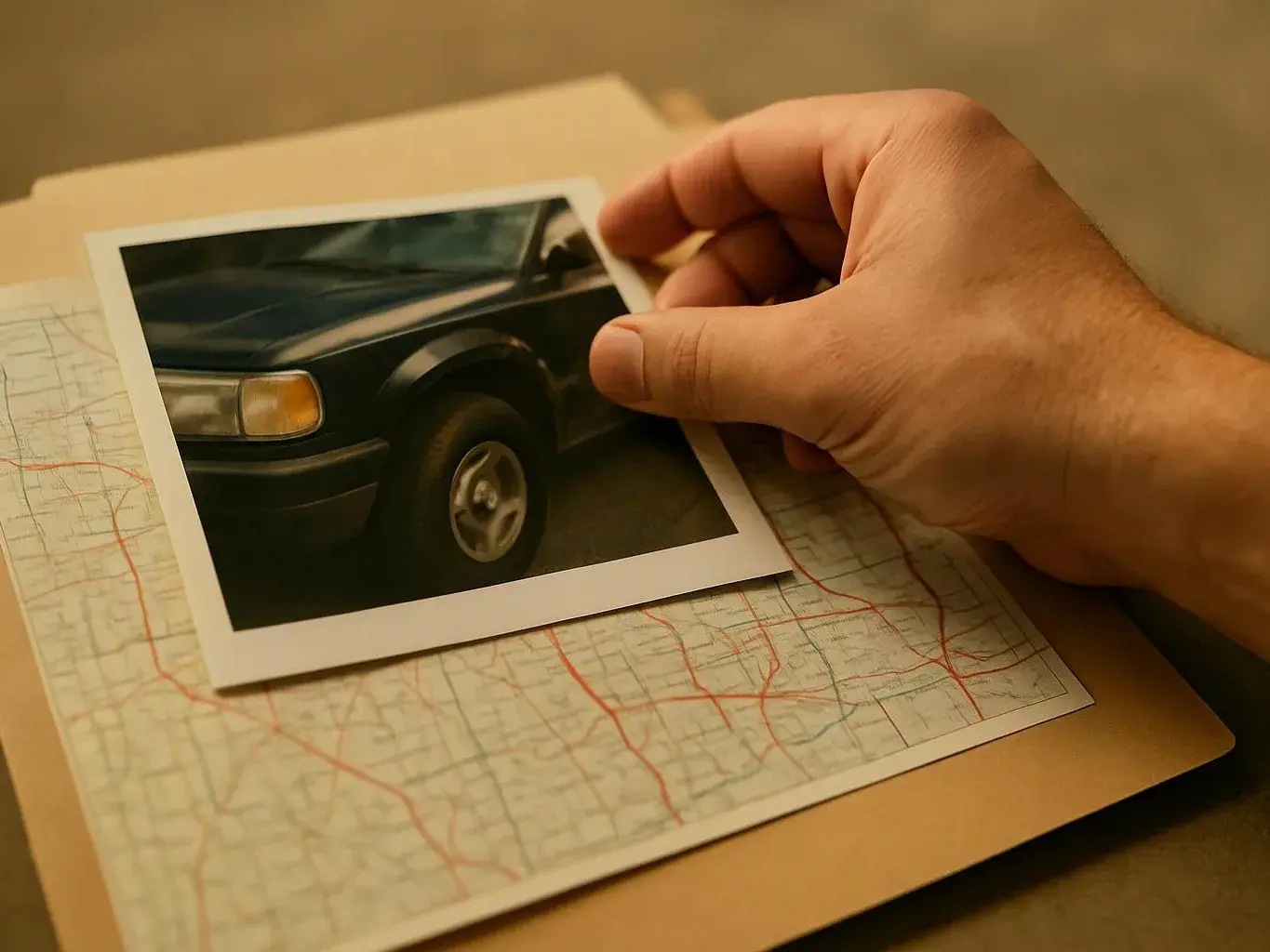 A hand holds a photo of a dark SUV over a road map on a table