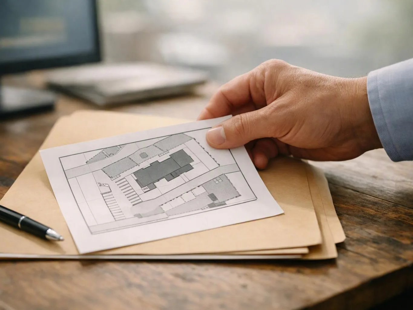 A hand holds a printed building floor plan above a manila folder on a wooden desk