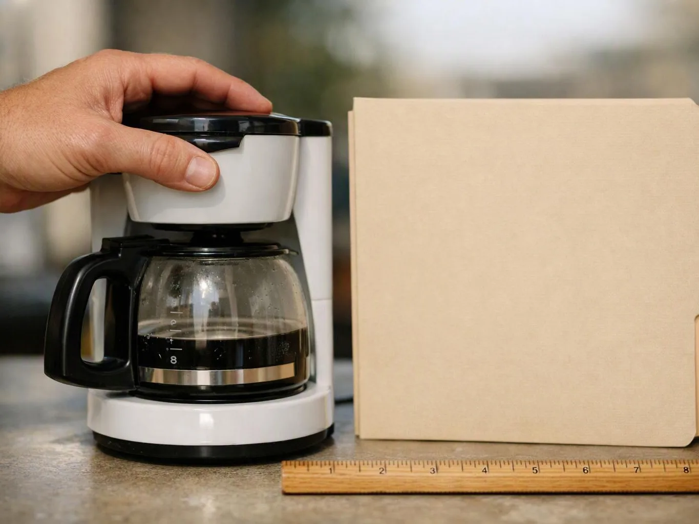 A hand holds a small coffee maker beside a plain beige folder on a countertop
