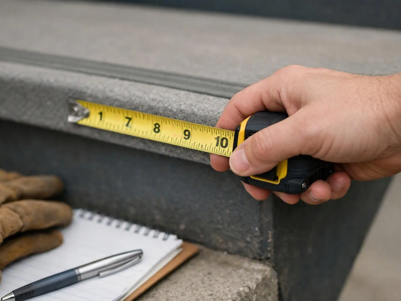 A hand holds a yellow tape measure against a stone edge beside a notepad, pen, and gloves