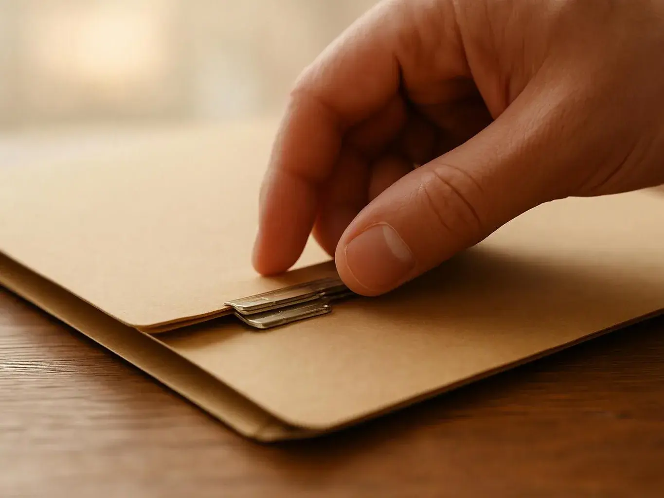 A hand pinches a metal clip on a tan envelope lying on a wooden table
