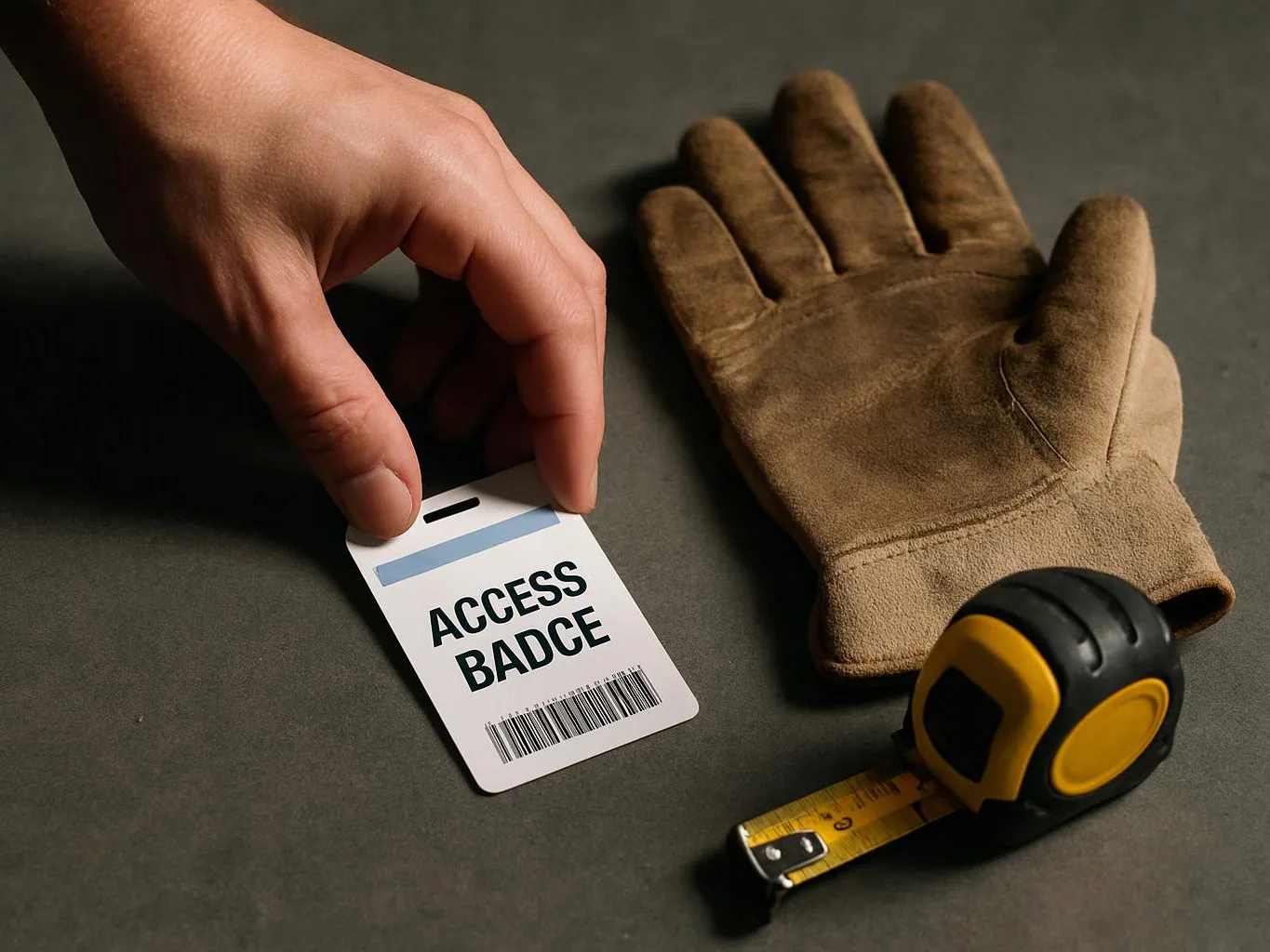A hand places an access badge beside a work glove and tape measure on a dark surface