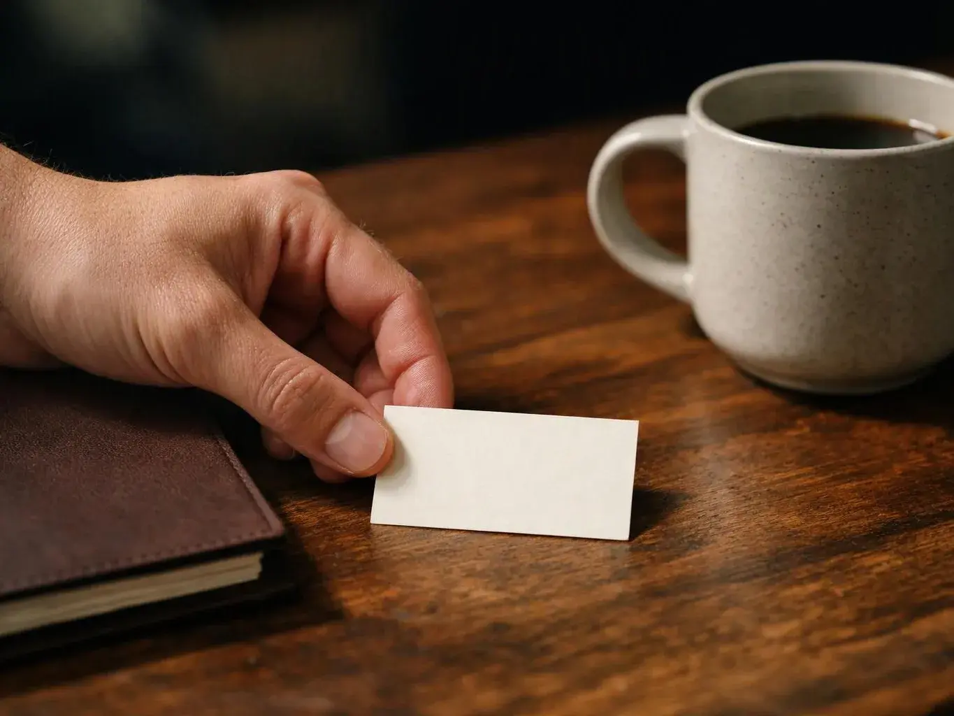 A hand places a blank white card on a wooden table beside a coffee mug and notebook