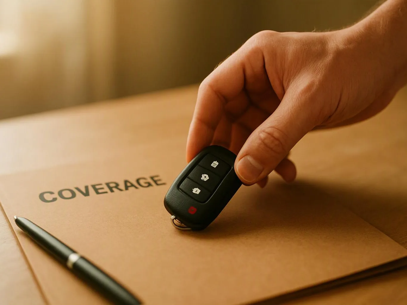A hand places a car key fob on a tan folder labeled "COVERAGE" next to a pen