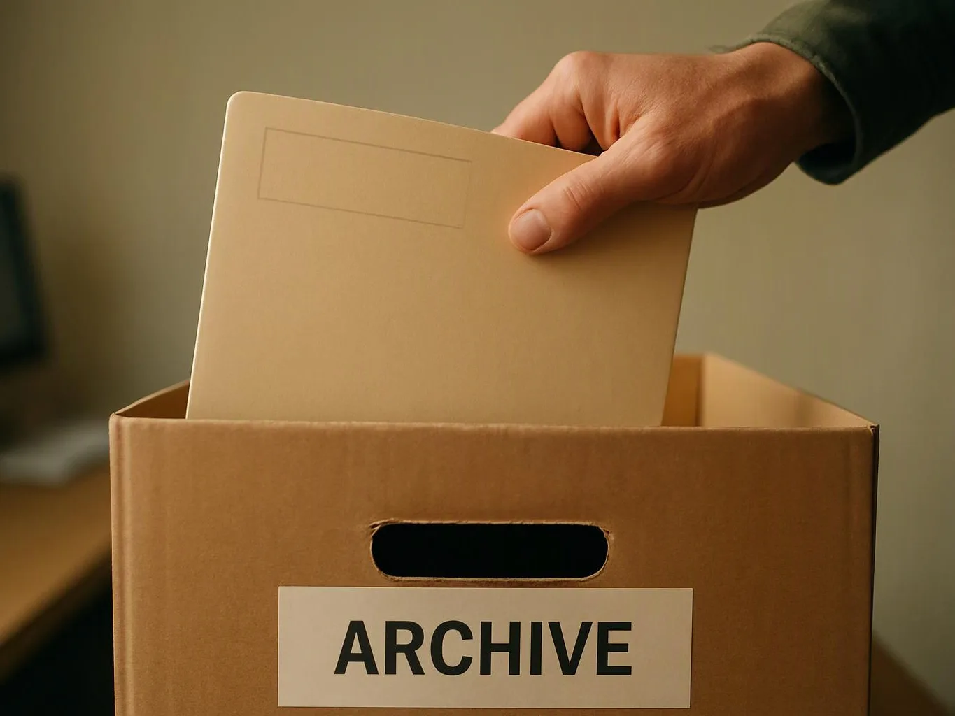 A hand places a file into a cardboard archive box labeled ARCHIVE