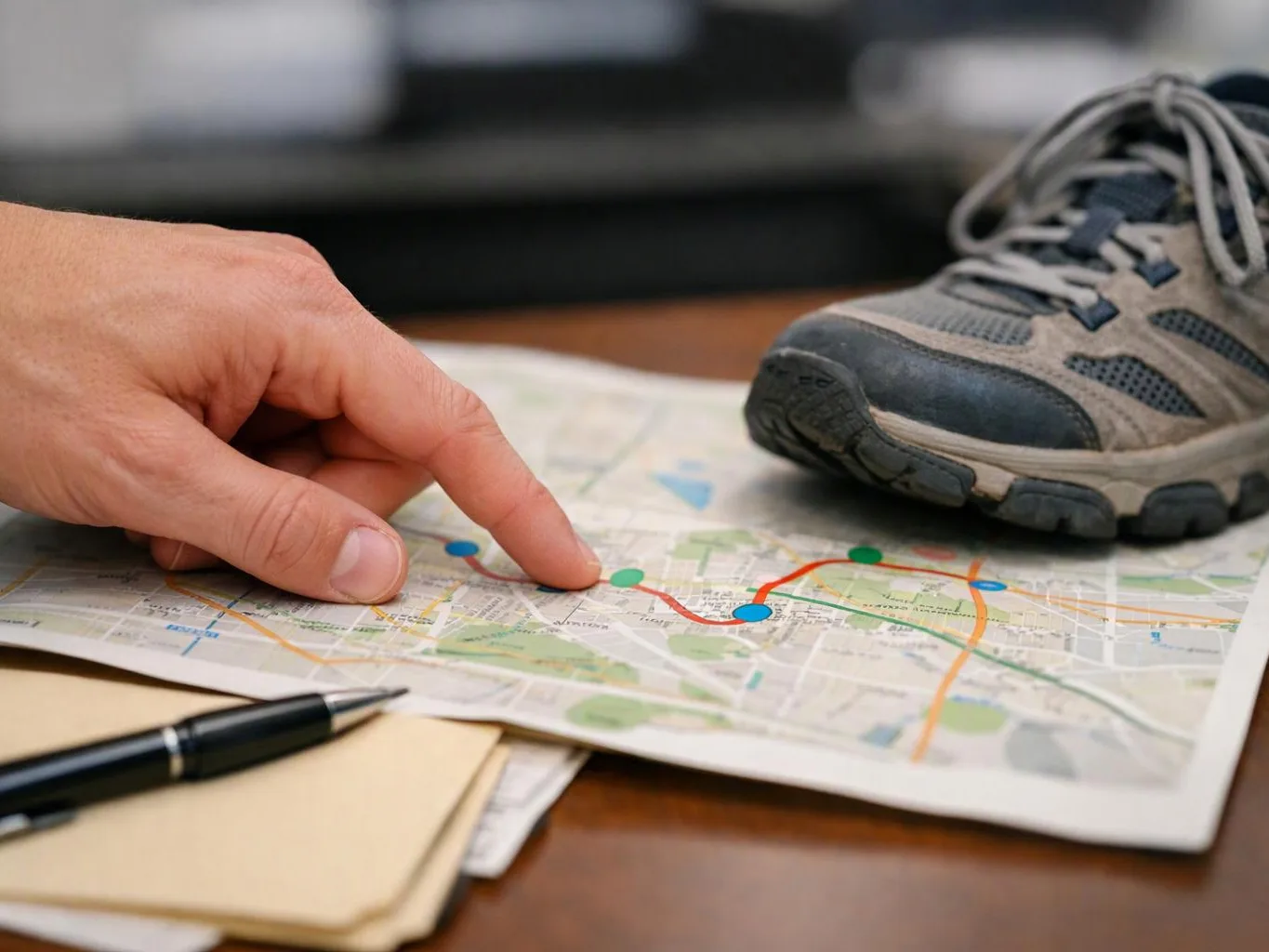 A hand points to a paper map beside a hiking shoe and pen on a table