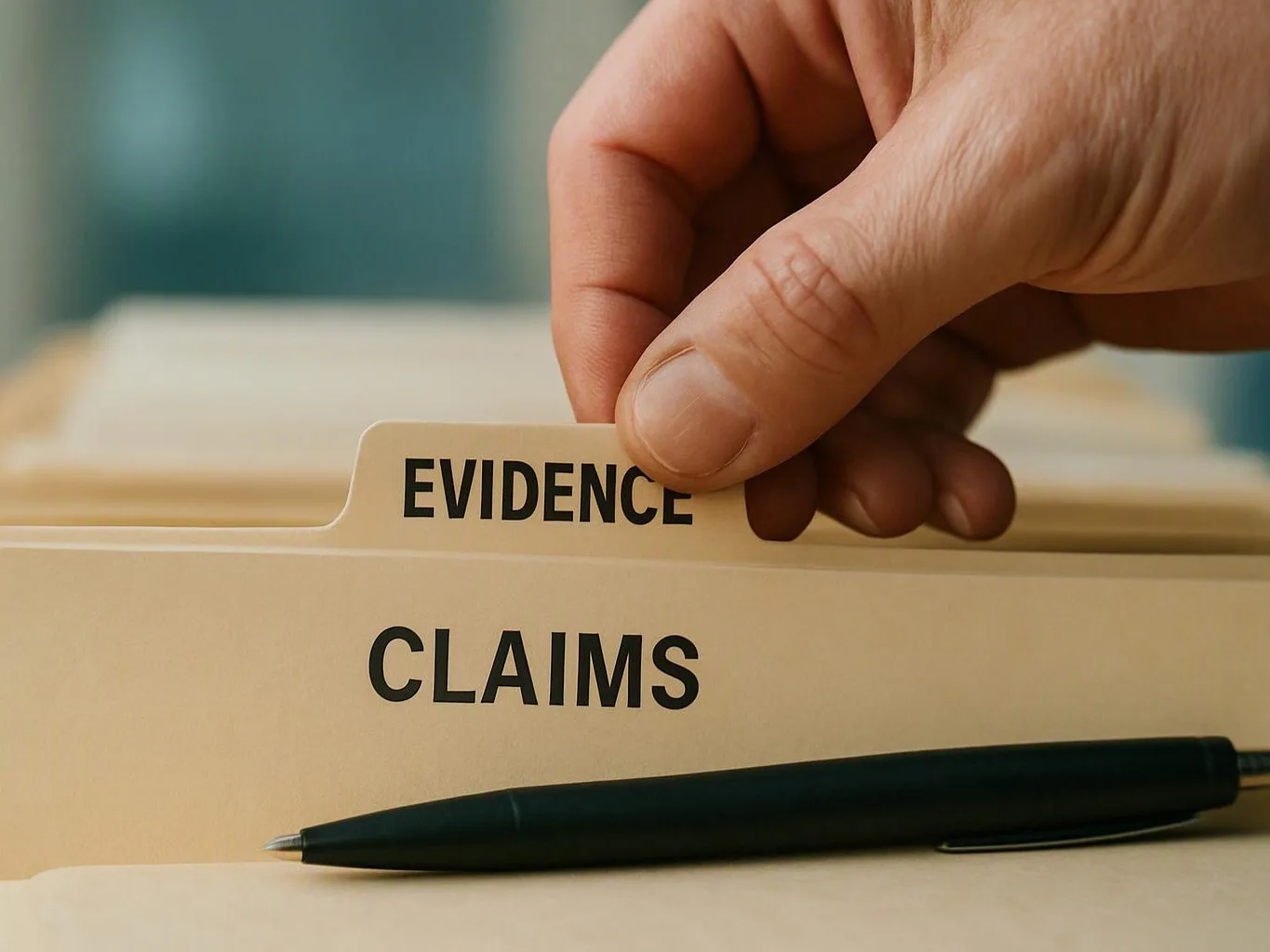 A hand pulls an evidence tab from a claims folder beside a black pen