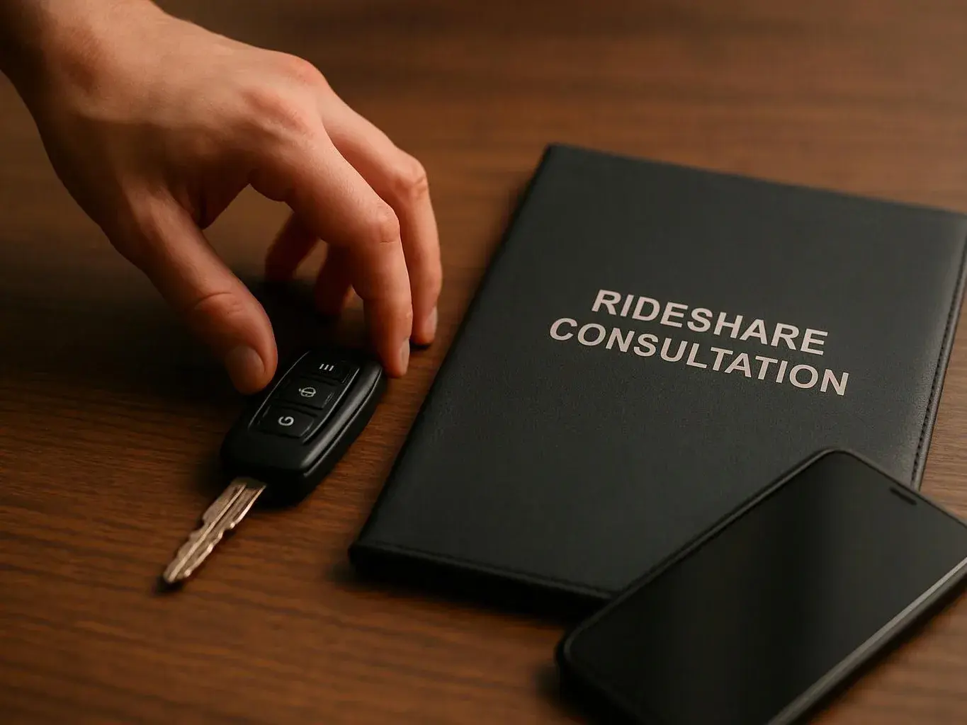A hand reaches for a car key beside a black folder labeled “RIDESHARE CONSULTATION” on a wooden desk