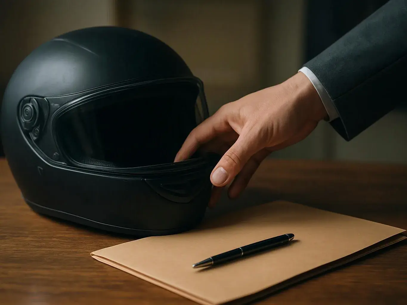 A hand reaches toward a black motorcycle helmet beside a folder and pen on a wooden table