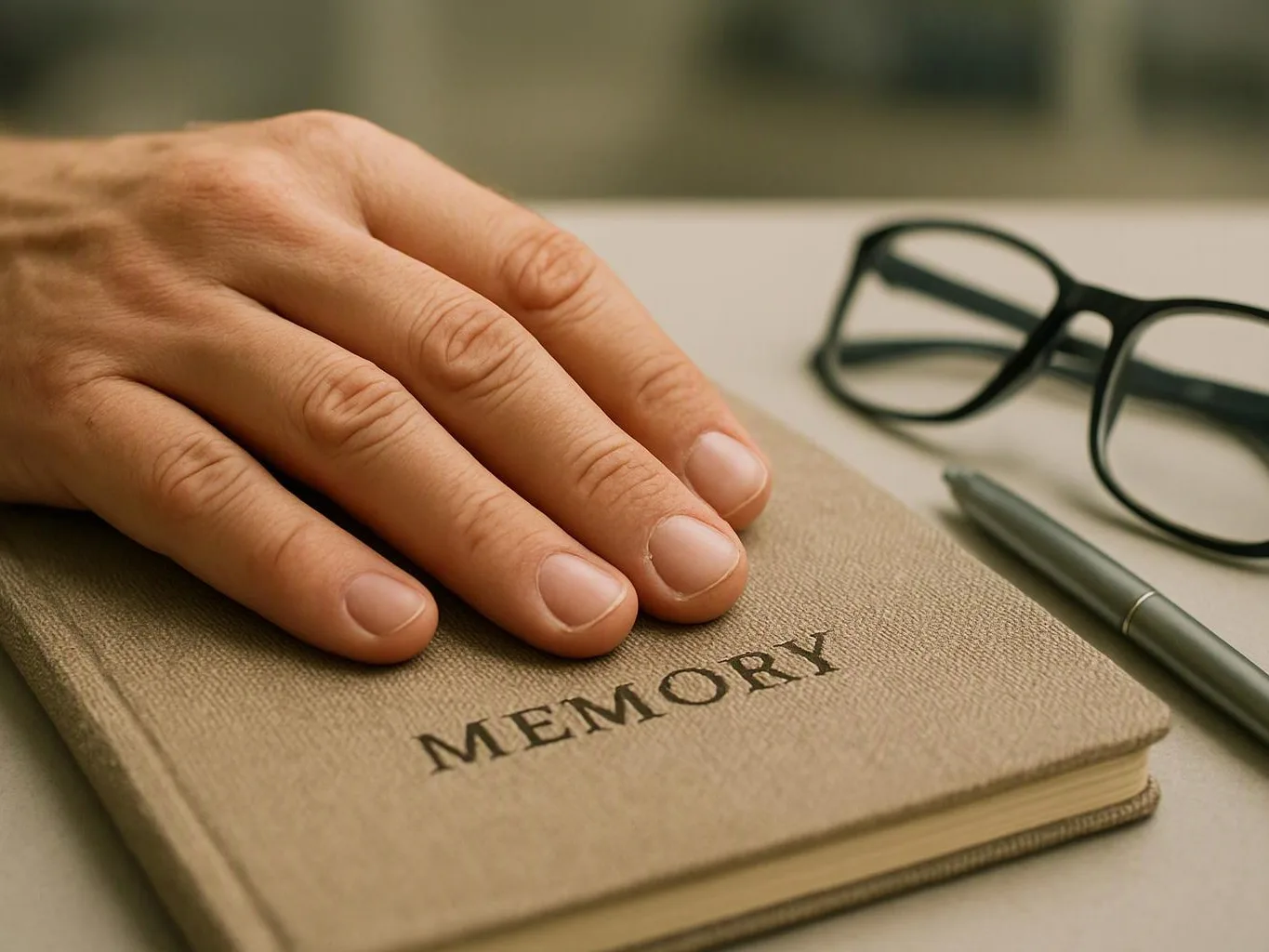 A hand rests on a beige notebook labeled “MEMORY,” beside glasses and a pen on a desk