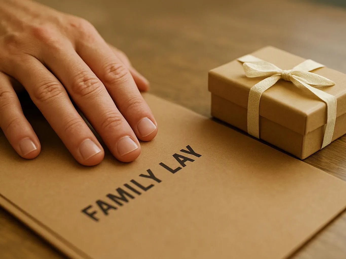 A hand rests on a brown folder labeled “FAMILY LAY” beside a small wrapped gift box on a wooden table